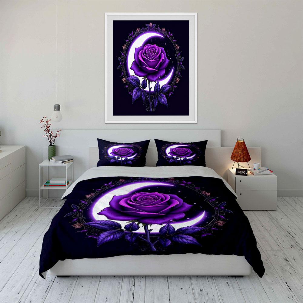 Purple Rose Moon Decor Set Soft Comfortable Duvet Cover Bedding Set Included 1*Duvet Cover & 2*Pillowcases, Gift