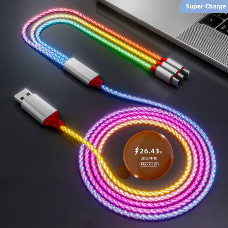 

Светящийся кабель VAORLO 66 Вт 3 в 1, кабель для передачи данных с суперзарядкой для Micro 8Pin Type-C 6A USB-C, быстрая зарядка 2,4A Lightning для Android Xiaomi Huawei