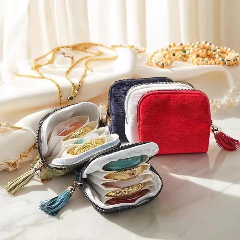 Portable Travel Jewelry Organizer Pouch, Zipper Jewelry Storage Bag With Tassel, Divided Soft Lining Case For Rings Bracelets