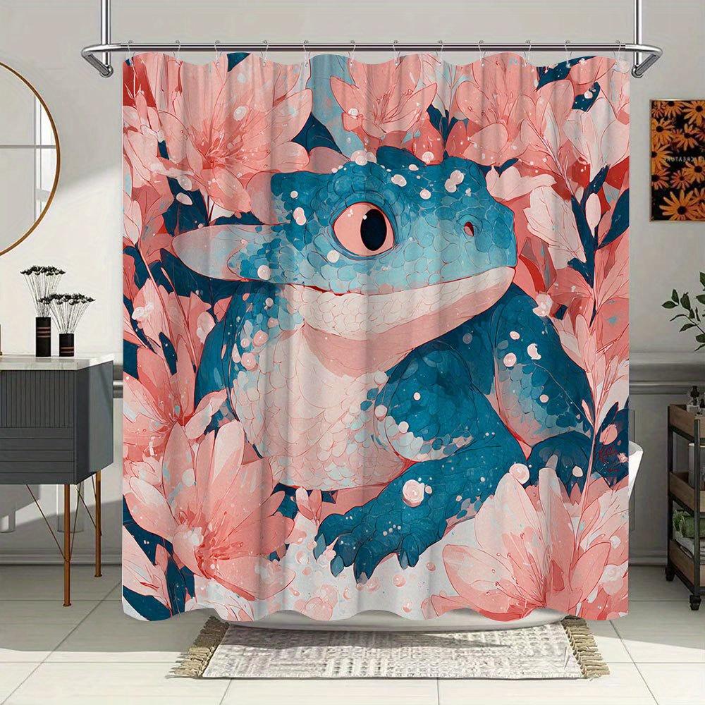 1pc Fantasy Lizard Bath Curtain - Blue Creature with Pink Eyes, Textured Scales & Blooming Pink Flowers Watercolor Design 90x180cm