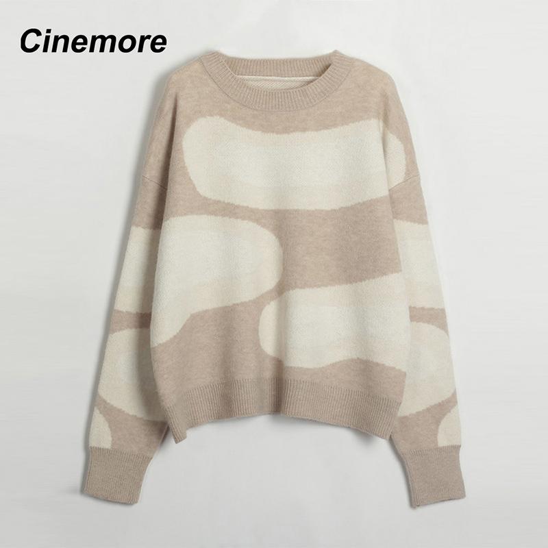 Cinemore Wiosna Jesień Damski Sweter Jednolity Oversize Casualowe Pulowery Ciepły Podstawowy Top z Długim Rękawem Okrągły Dekolt Dzianinowy Sweter Sweter