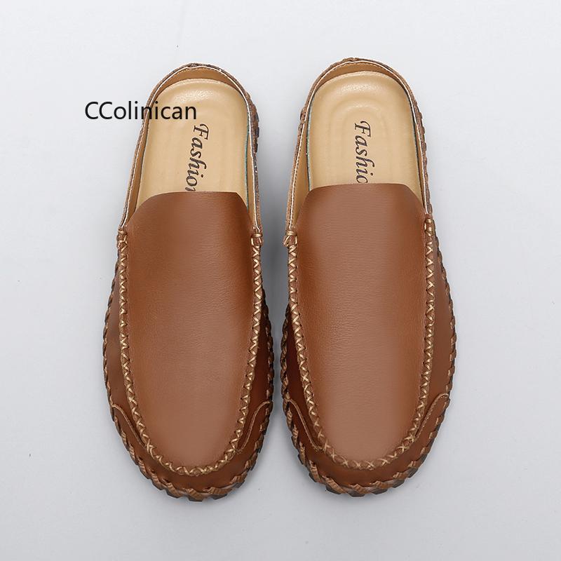 Hot Work Handmade Fashion Men Half Loafers Genuine Leather Slippers Loafer Slides Breathable Mules for Man Outdoor Lightweight