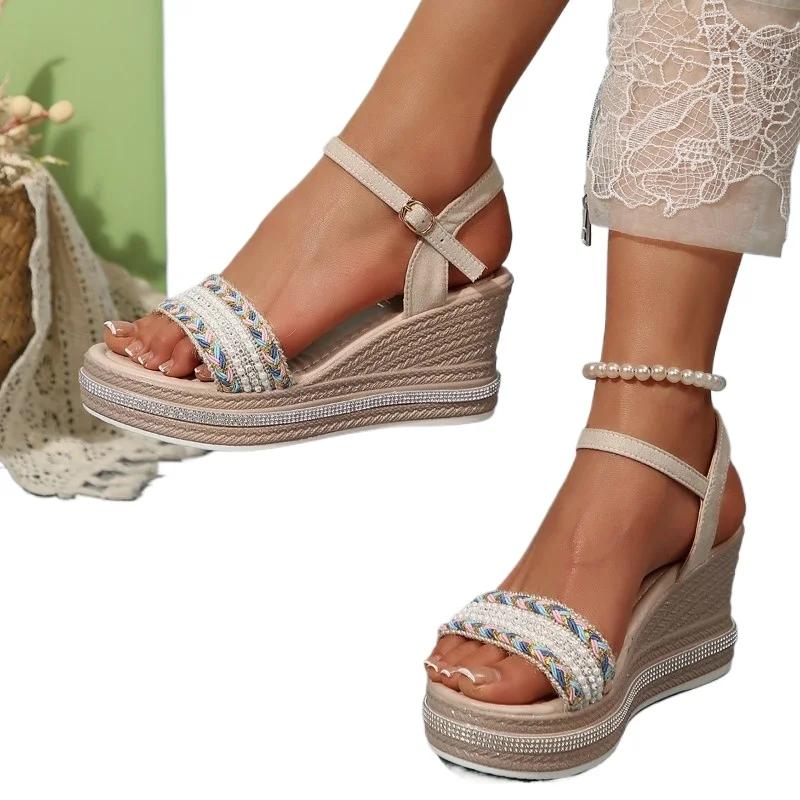 Mode 2025 Übergröße Schuhe Damen Zehenfrei Damen Sandalen Mode Kleidsandalen Damen Floral Schnallenriemen Hohe Keilschuhe Damen