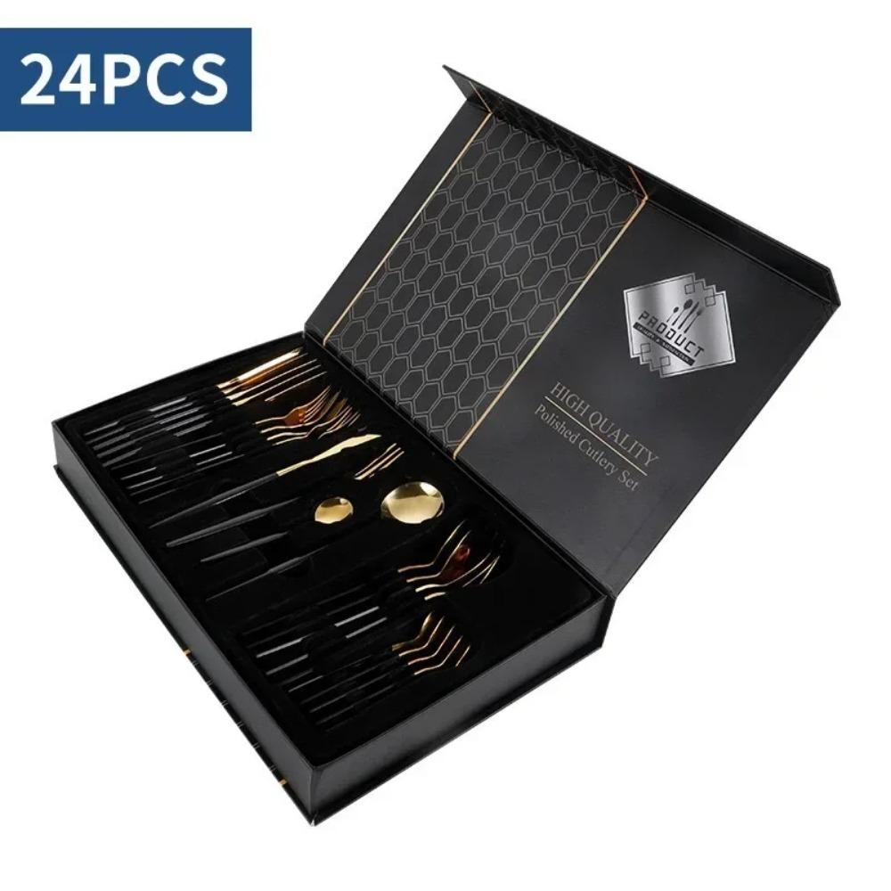 5/24 Stück Schwarzgriff Goldenes Besteckset Edelstahl Steakmesser Gabel Löffel Geschirr Dessertlöffel Festival Küchenbesteck