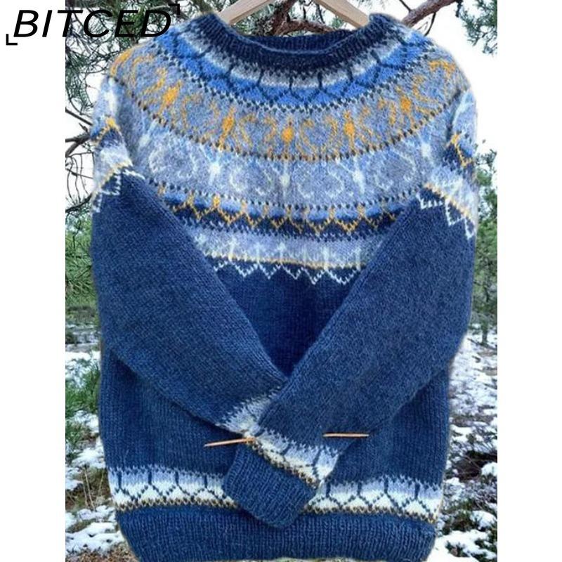 BITCED Women's Sweater - O-Neck Color-Blocked Oversized Fashion Pullover Knit