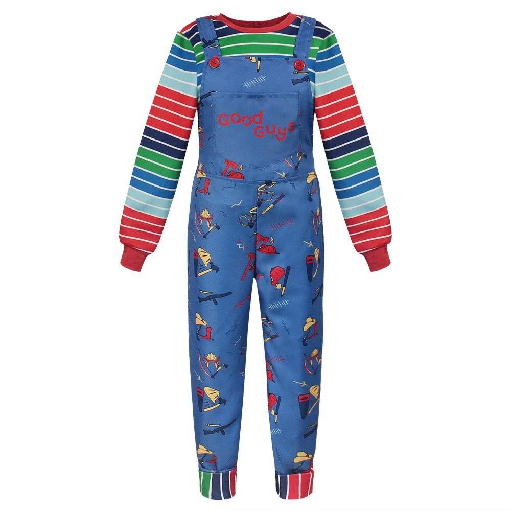 Costume da Bambola Film Horror per Adulti Colorato Top a Strisce Tuta Vestito Costume Giocattolo Spaventoso Retrò Outfit a Tema per Festa di Halloween
