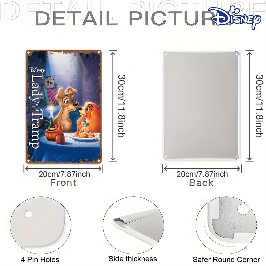 1 Stück Disney Susi und Strolch Vintage Metallblechschild - 20,32x30,48 cm Wandkunst, Rustikale Heimdekoration mit romantischer Hundepaar-Szene