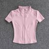 Camisetas de entrenamiento adelgazantes de cintura de verano de alta calidad para mujer, de secado rápido, con cuello alto ajustado y cremallera completa, camisetas de yoga de manga corta.