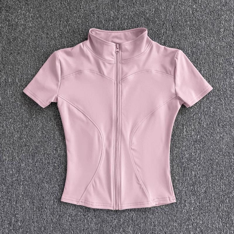 Camisetas de entrenamiento adelgazantes de cintura de verano de alta calidad para mujer, de secado rápido, con cuello alto ajustado y cremallera completa, camisetas de yoga de manga corta.