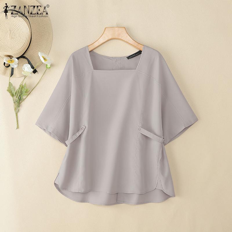 ZANZEA Women Casual Square Collar Summer Short Sleeve Blouse