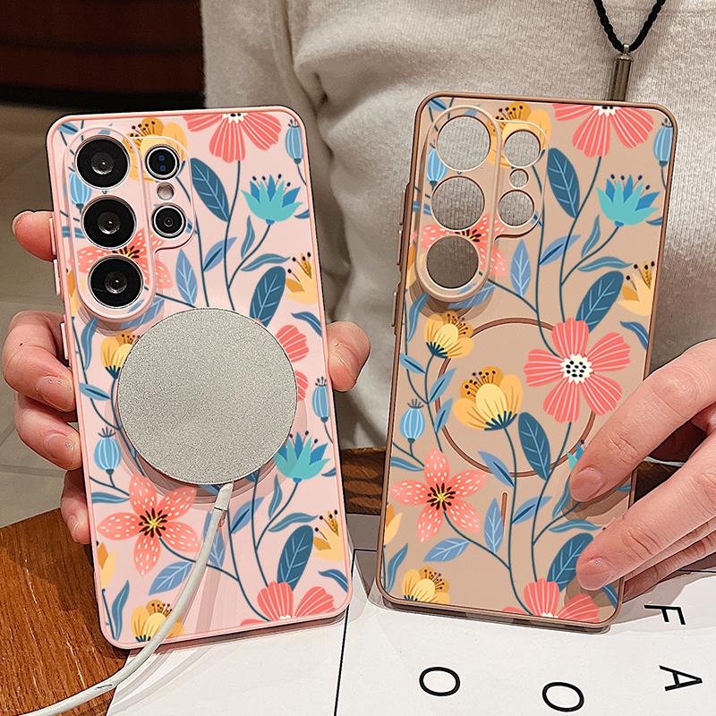 Cartoon Flowers Pattern Case For Samsung Galaxy S26 Ultra S25 Edge S24 Plus S23 FE S22 A54 A55 A56 5G Magnetic For Magsafe Matte Cover