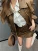Women's Retro PU Leather Faux Sheepskin Motorcycle Jacket and Fashion Short Skirt Two-Piece Set (Spring/Autumn 2023)