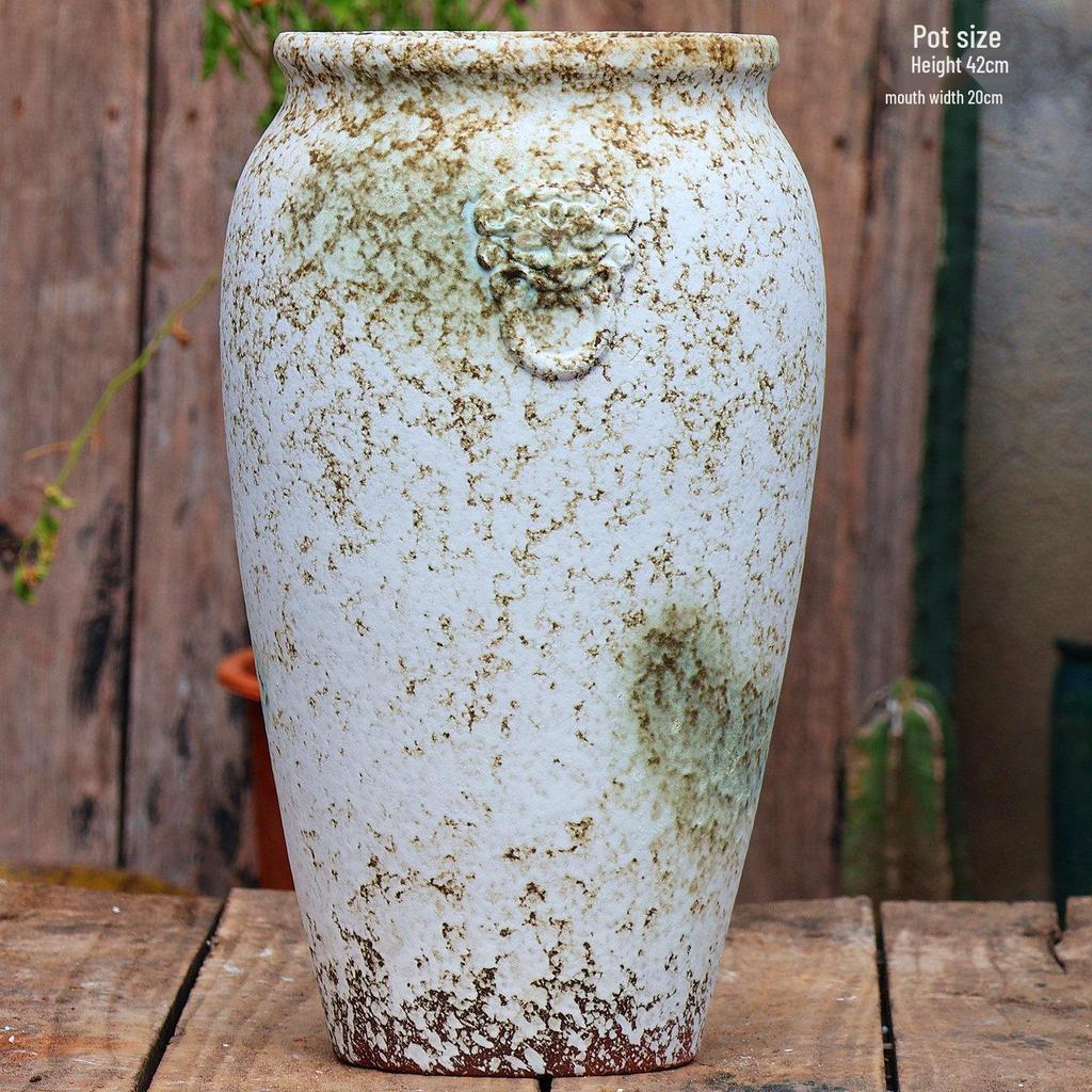 Retro White Coarse Pottery Jar - Large Bougainvillea Bamboo Turtle Back Flower Pot