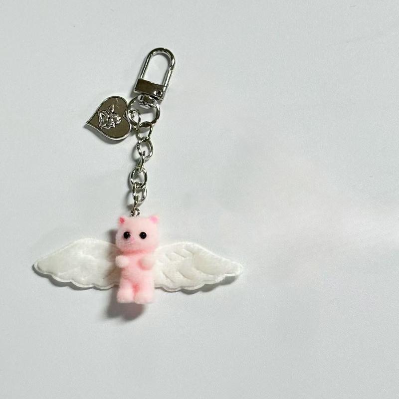 Cute Angel Wings Fuzzy Kitty Cat Heart Keychain Flocked Kitten Kawaii Phone Chain Anti-Lost Lanyard Pendant Bag Decor Gift