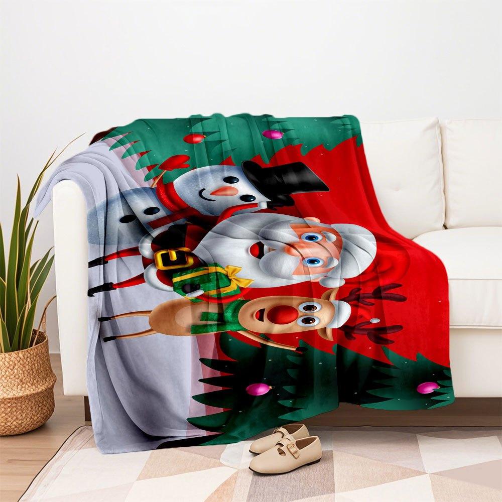 Christmas Santa Claus Snowman Reindeer Greeting CardBlanket Flannel Throw Blanket for Sofa, Bed, Travel, Camping, Office, Couch, Chair, And