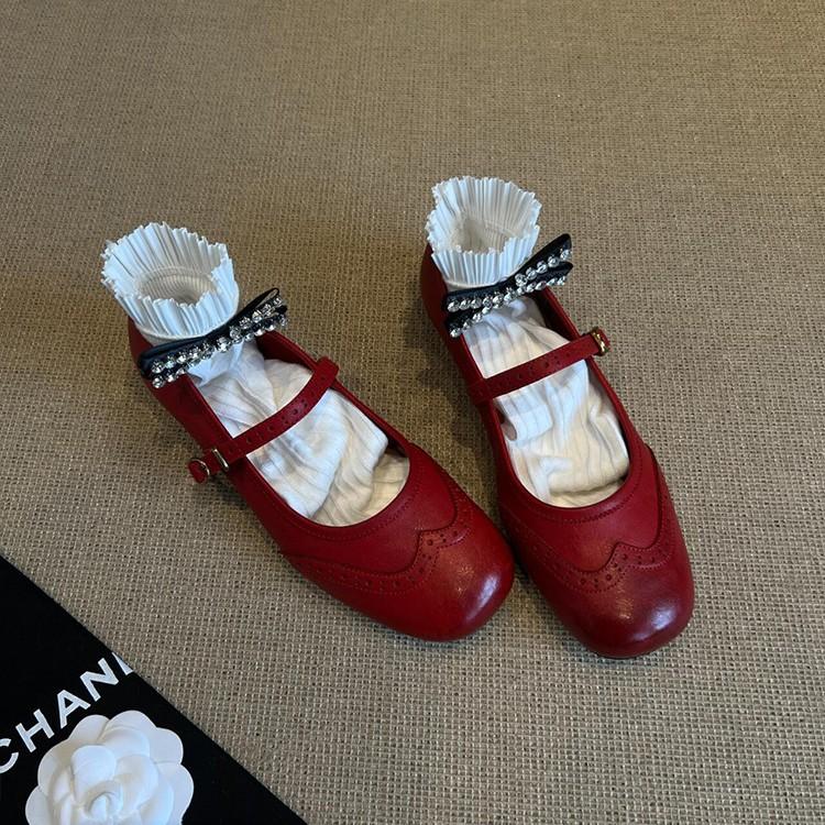 Sheepskin version~ retro flat-bottomed small leather shoes, shallow mouth square head genuine leather Mary Jane shoes, one-word buckle red small singl