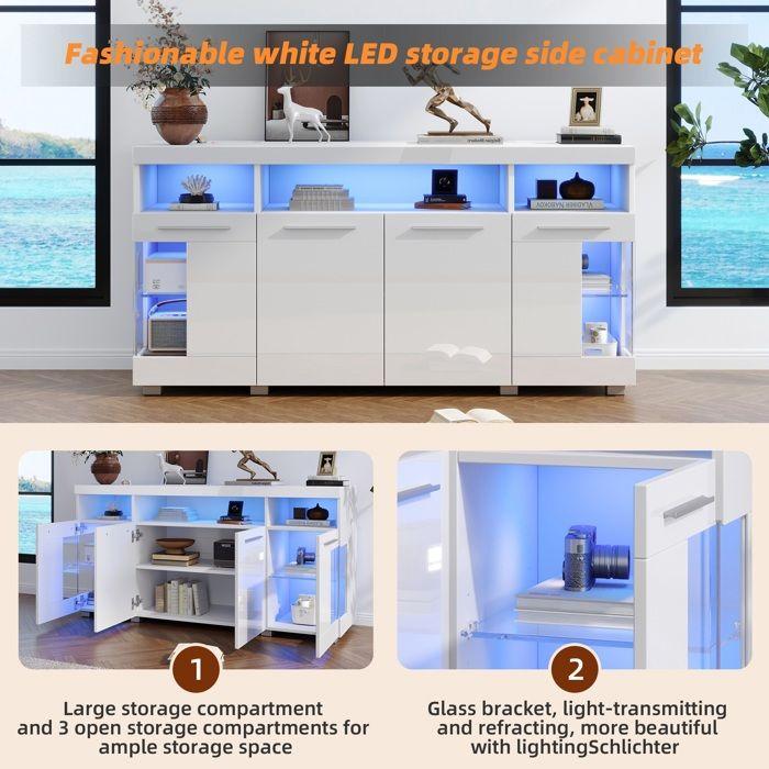 Side Table 140x40x70 Cm, High-gloss Lacquered Side Furniture, LED, Sideboard, Tempered Glass Side Furniture, 3 Compartments, White