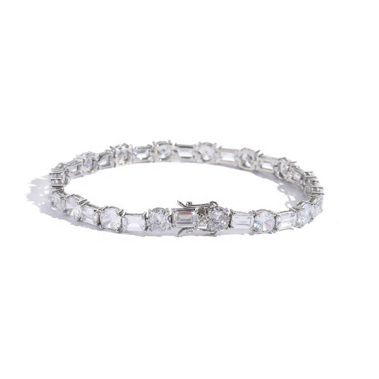 Real Gold Color Brass and square and Round Zircon Mixed 6mm Single Row Tennis Bracelet