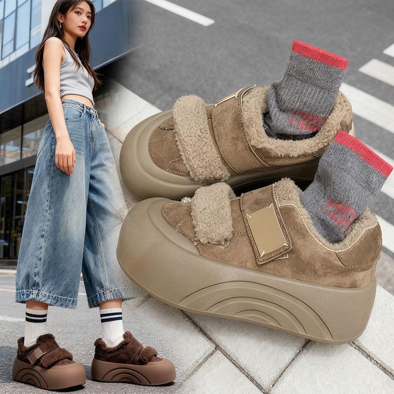 Women's Retro Velcro Thick Sole Fashion Lightweight Soft Sole Winter Warm Fur One Snow Boots Fluffy Lined Non-slip Casual Sports Cotton Boots