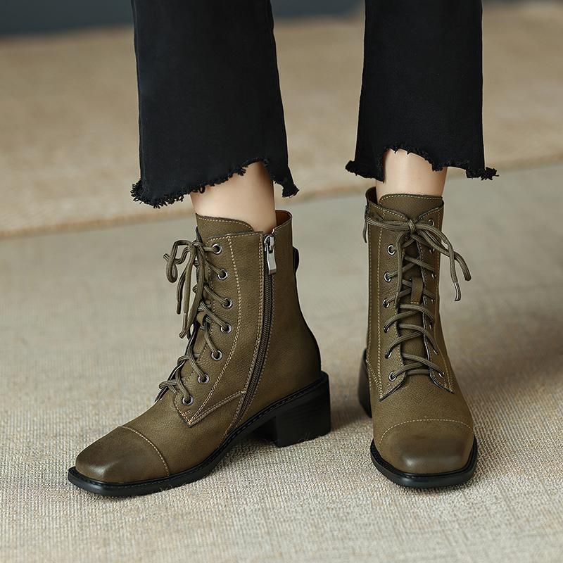 2024 New Cross-Tied Women Short Boots Autumn Winter Genuine Leather Office Lady Square Toe Side Zipper Shoes Woman Ankle Boots