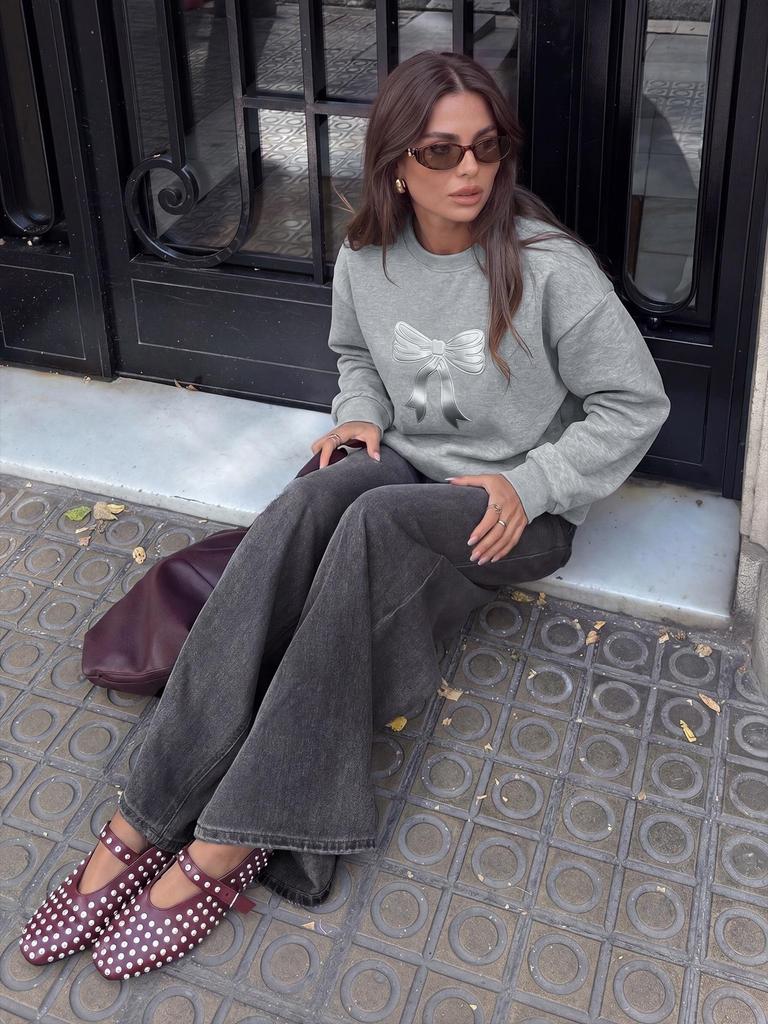 2026 Korean Casual Bow Loose Hoodie for Women - Round Neck