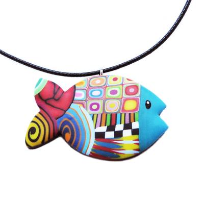 [R6493] - Handmade Necklace 'Columbine & Harlequin' Blue Multicolor - 45x30 Mm (fish)