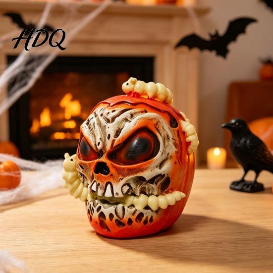 Dark Style Holiday Decorations Halloween Skull Apples Resin Statue, Gothic Spooky Decor with Creative Scene Ornaments Worm, Horror Prop for
