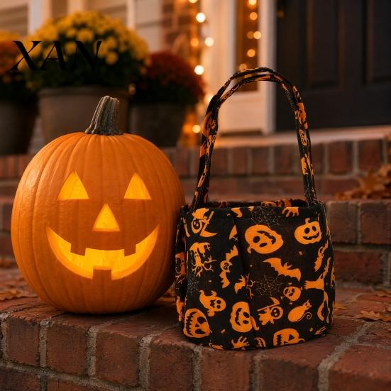 Trick or Treat Bag Halloween Candy Bucket for Kids, Non-Woven Tote Festive Carrier Basket, Pumpkin Ghost Snack Holder with Handle Party Favors Bat