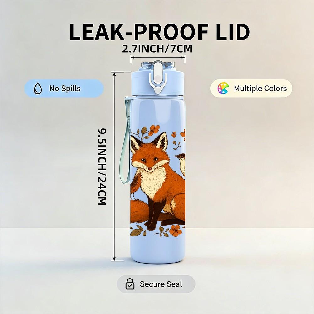 1PC Autumn Floral Fox Illustration 750ml Color Plastic Sports Water Bottle Leakproof Flip Straw Lid Suitable for Sports Office Home Use