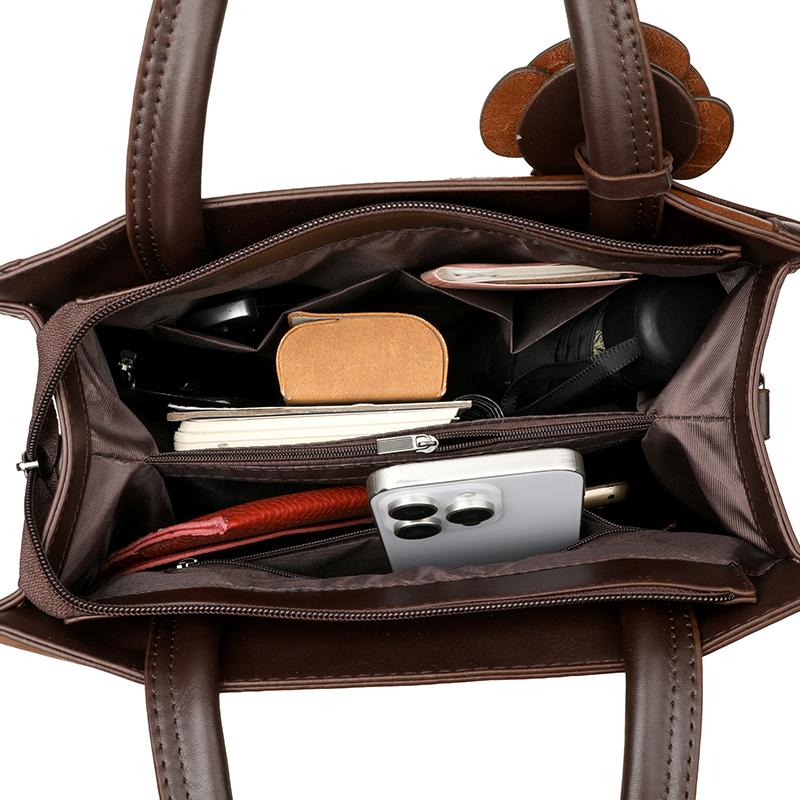Elegant Faux Leather Tote Bag with Flower Decoration and Adjustable Shoulder Strap