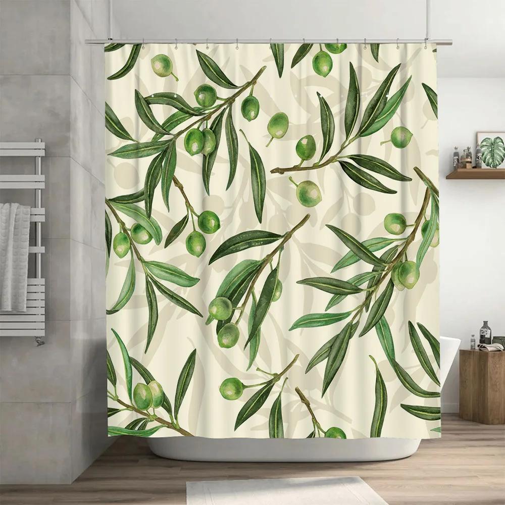 Olive Branches Shower Curtain Natural Green Fruit Pattern, Waterproof Fabric Decor For Bathroom Tiles Backdrop In Bathrooms Kitc