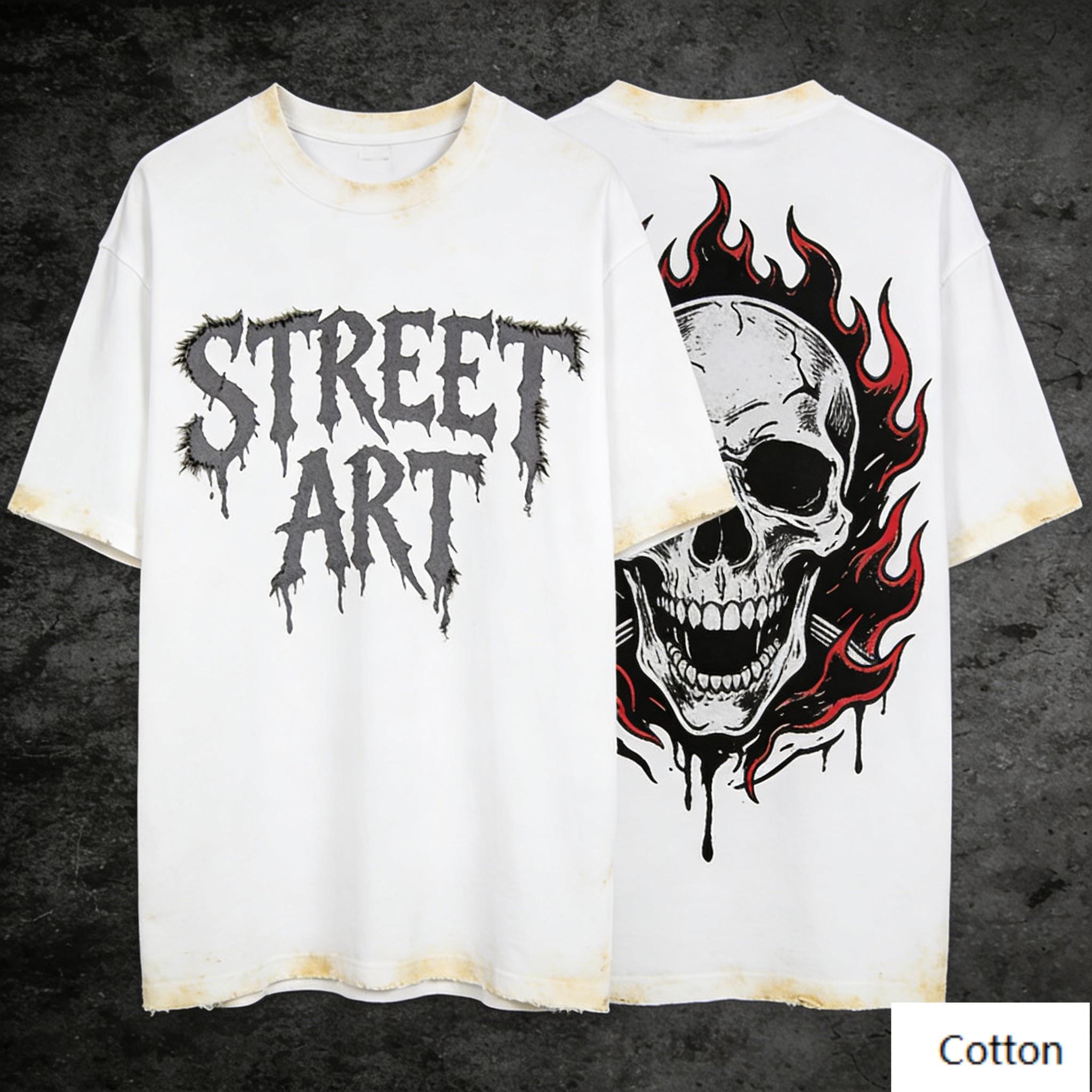

Vintage Street Art Distressed Skull Graphic TShirt Retro Dripping Flame Print Washed Cotton Tee Edgy High Street Unisex Top 2XL