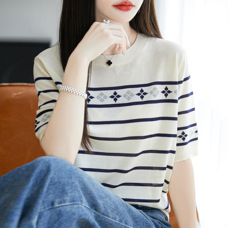 Women Knit T-shirt MODERN NEW SAGA Summer Knitted Shirt Short Sleeve Tees O-neck Patchwork Pullover Knit Tops