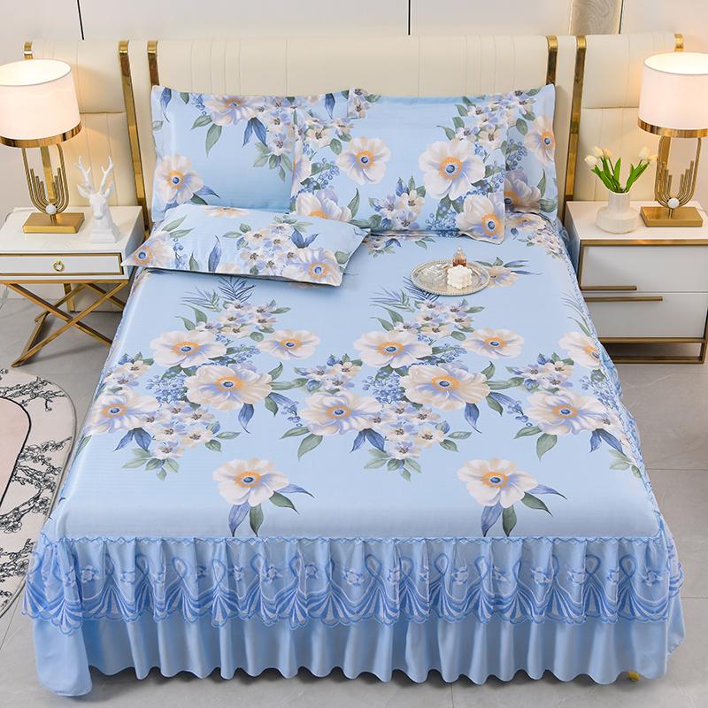 Pink Flowers Lace Bed Skirt Set Summer Ice Silk Smooth Comfortable Bedspread with Pillowcases Luxury Queen King Size Bedding Set