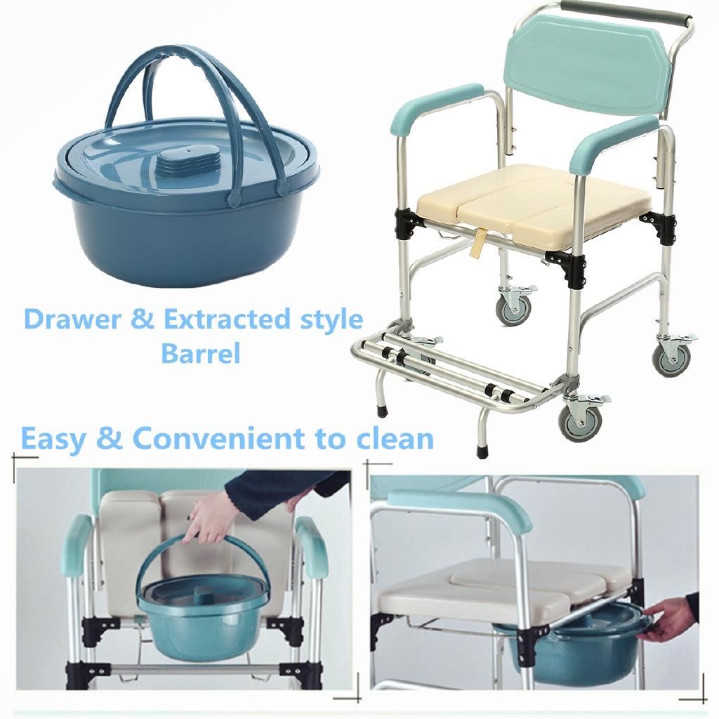 Weiß + Blau 3-in-1 Toilettenrollstuhl für ältere Menschen, faltbarer Stuhl, Nachttopf & Duschsitz, Badezimmer-Rollstuhl, Aluminiumlegierung