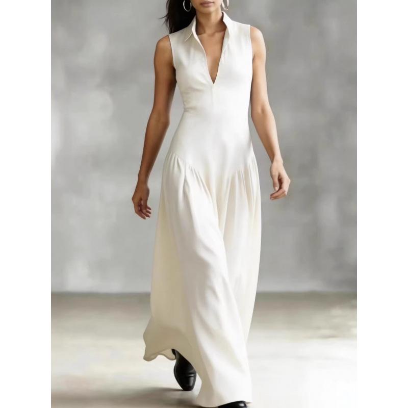 

Elegant Black V-Neck Sleeveless Maxi Dress with Cinched Waist, Perfect for Work and Evening Events 5XL белый