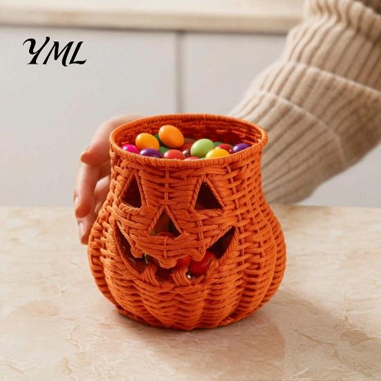 Rustic Fall Aesthetic Halloween Pumpkin Lantern Tabletop Decor, Woven Witch Hat Candy Bowl & LED Gothic Home Decor Prop, Centerpiece for Shelf Mantel
