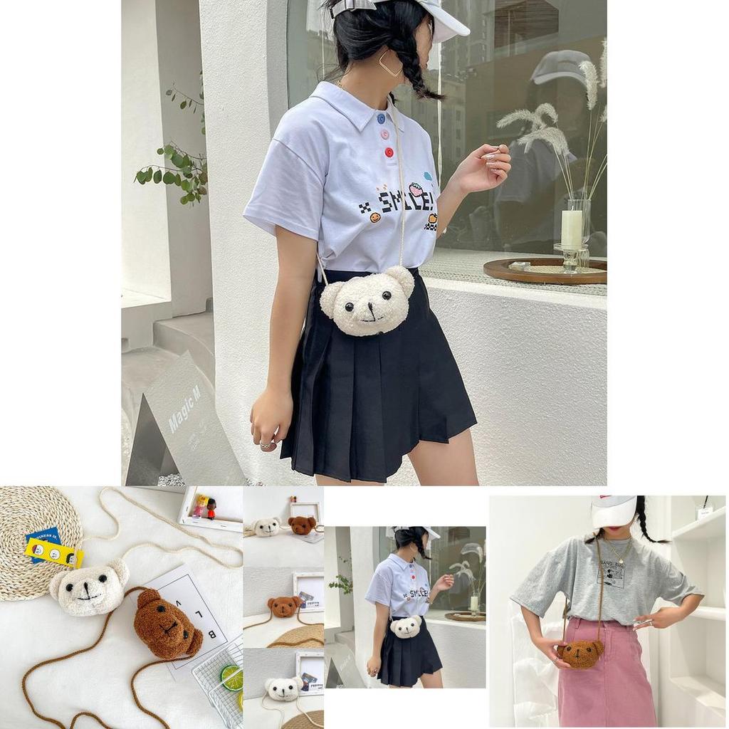 Cute Cartoon Bear Head Mini Crossbody Bag Plush Nylon Shoulder Bag For Students