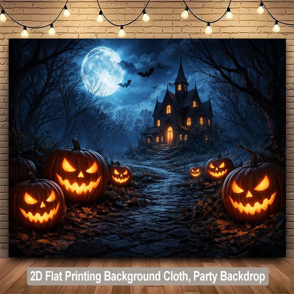 1 piece of 2D flat background fabric Halloween pumpkin lanterns and mysterious haunted house background banner.PMJ
