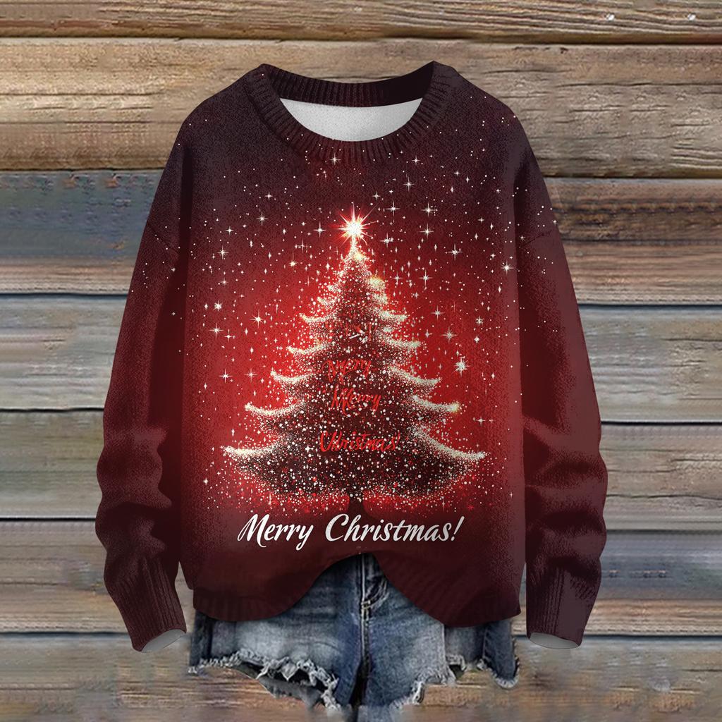 Ladies' Fashionable Casual Long Sleeved Beautiful Christmas Tree Print Round Neck Yarn Knitting