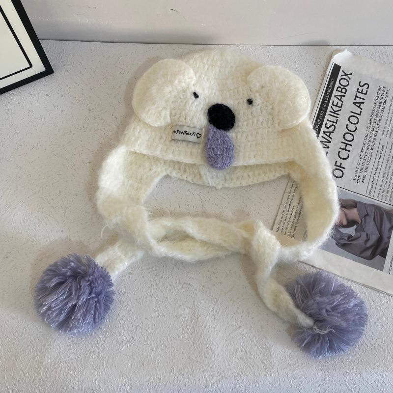 

JYL TS DIY Koala Beanie Women Autumn Winter Ear Protection Warm Knit Hat Acrylic 1222Mao12817 квасолі чорного кольору