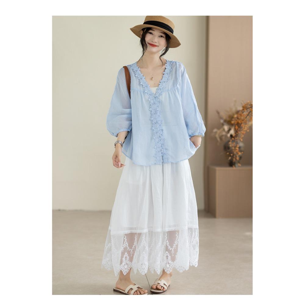 DIMANAF 2026 Summer Women Plus Size New Blouse Shirt Cotton Lace Embroidery Casual Loose Fashion Lady Tops Tees Batwing Sleeves