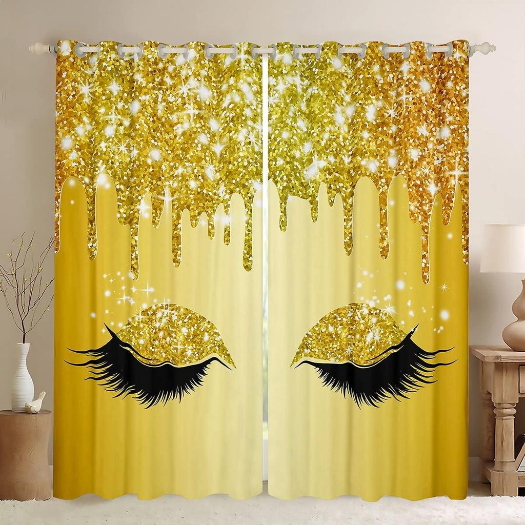 3D Digital Printing Pink Eyelashes with Mackup Eyes, Sunshade Window Curtains, Bedroom, Living Room 2 Pcs