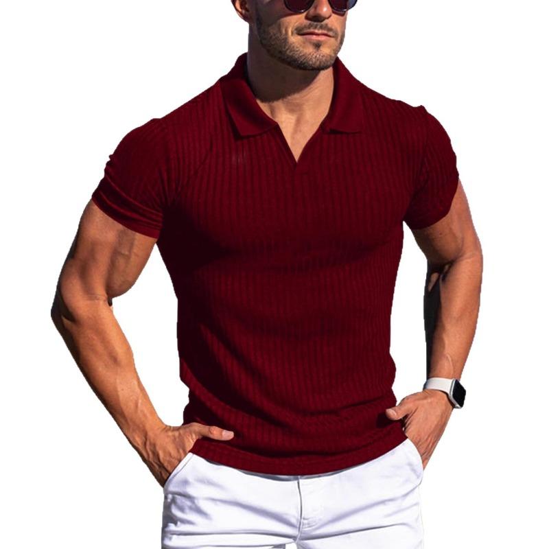 Men's Slim Fit Ribbed Polo Shirt Short Sleeve V Neck Casual Gray Knit Top