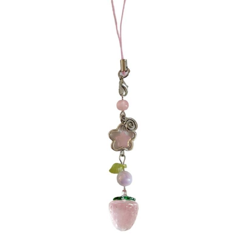 Lace Ribbon Keyring Cute Sweet Strawberry Pendant Keychain Colorful Beaded Phone Lanyard Multi-Functional Bags Accessories