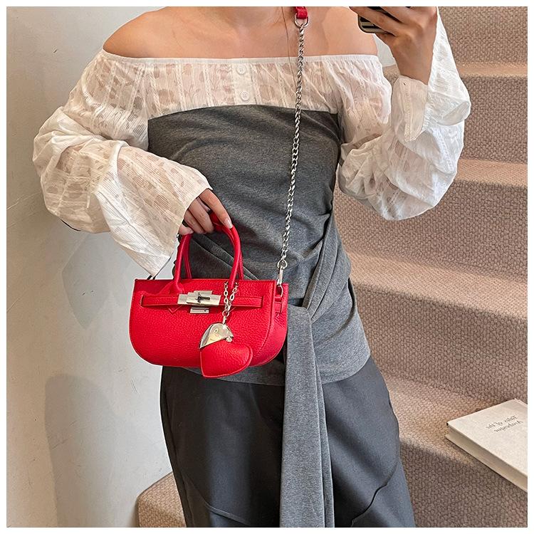 Versatile Lychee Pattern Hand Bag Women's 2025 New Fashion Chain Platinum Bag Summer Senior Messenger Bag