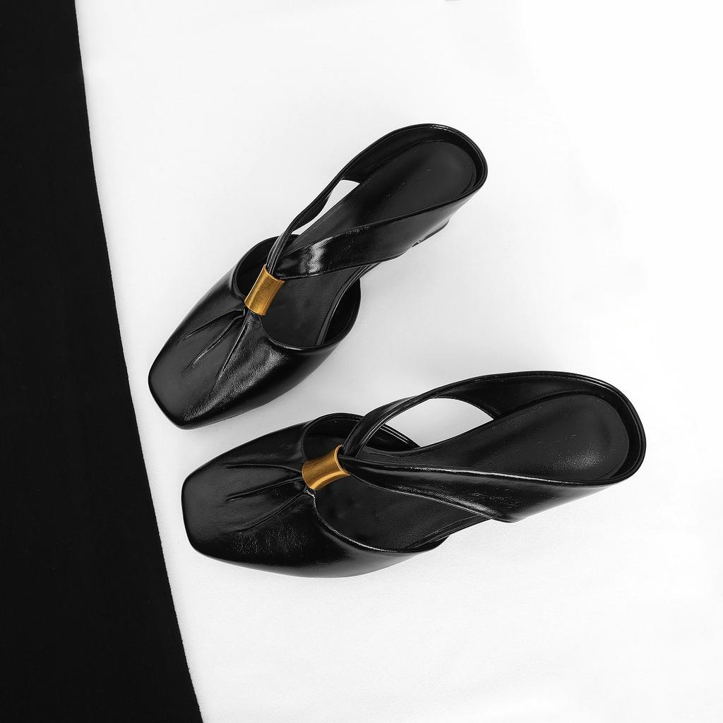 Fashion High-Heeled One-Shoulder Slippers For Women, 2025 Summer New Style Shallow-Moused  Thick-Heeled Slippers Ballet Mary Jane Shoes