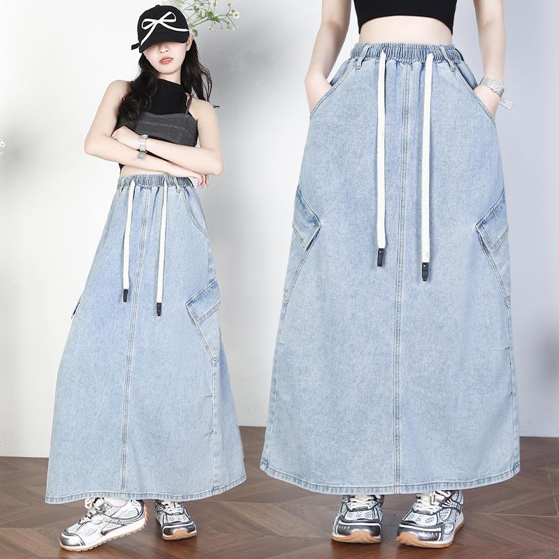 Dimanaf 2025 Plus Size Summer Elastic Denim Skirts Women A-Line Fashion Loose Long Skirt High Waist Vintage Maxi