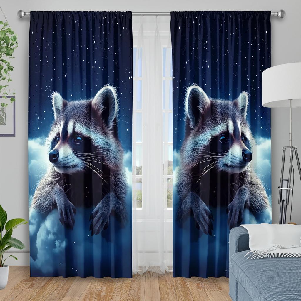 2pc Cute raccoon print curtains, polyester fabric, machine washable, suitable for bedroom and living room decoration