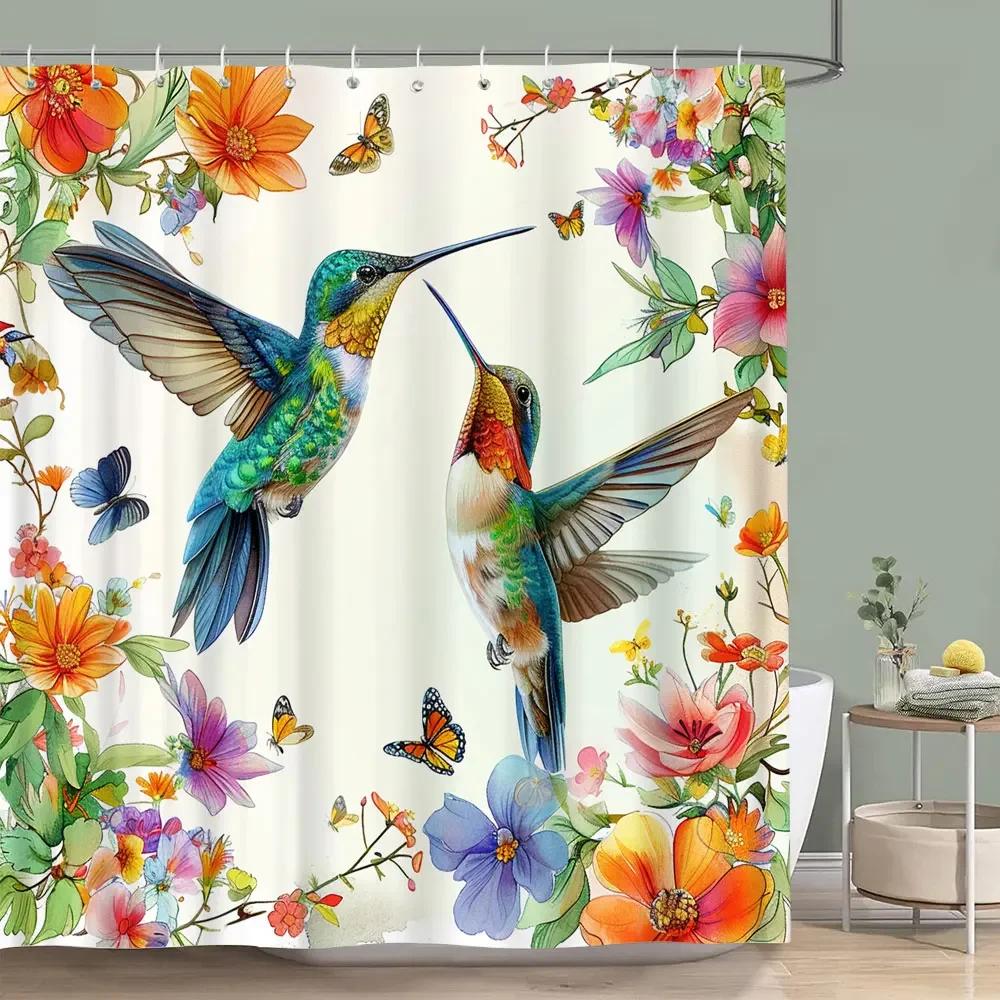 Beautiful Hummingbird Floral Shower Curtain Butterfly Flower Botanical Watercolour Print Polyester Shower Curtain Bathroom Decor